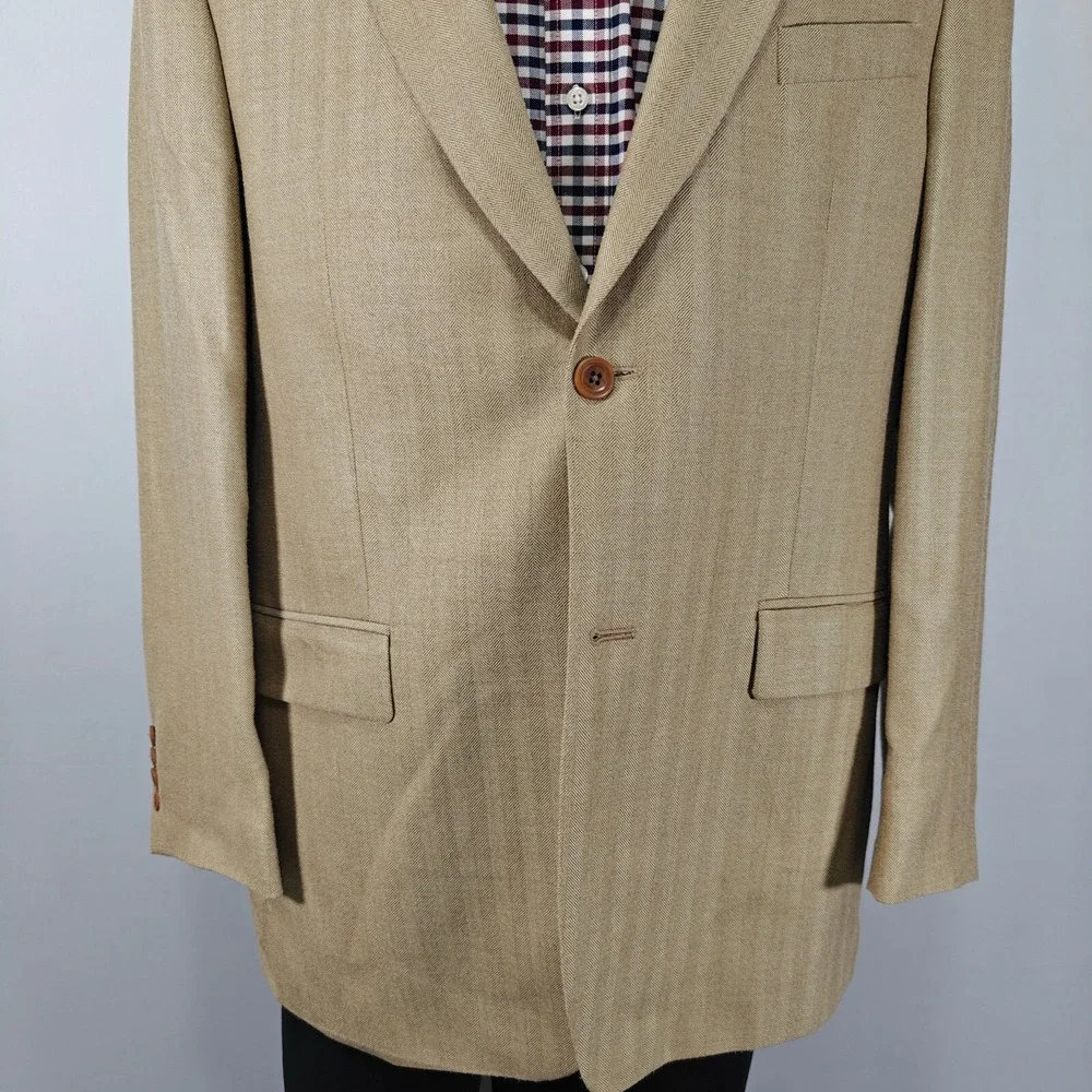 Kasper Men's Sport Coat Blazer‎ Two Button Beige Herringbone Silk Wool Size 44L